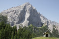 Hallerangerhaus: Blick auf den Kleinen Lafatscher mit der berühmten Nordost-Verschneidung und einige Gipfel der Gleirsch-Halltal-Kette