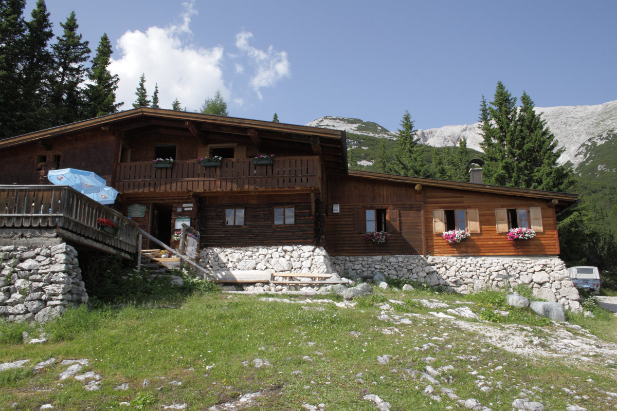 Pleisenhütte mit Blick auf die Pleisenspitze (rechts, durch den Baum verdeckt)